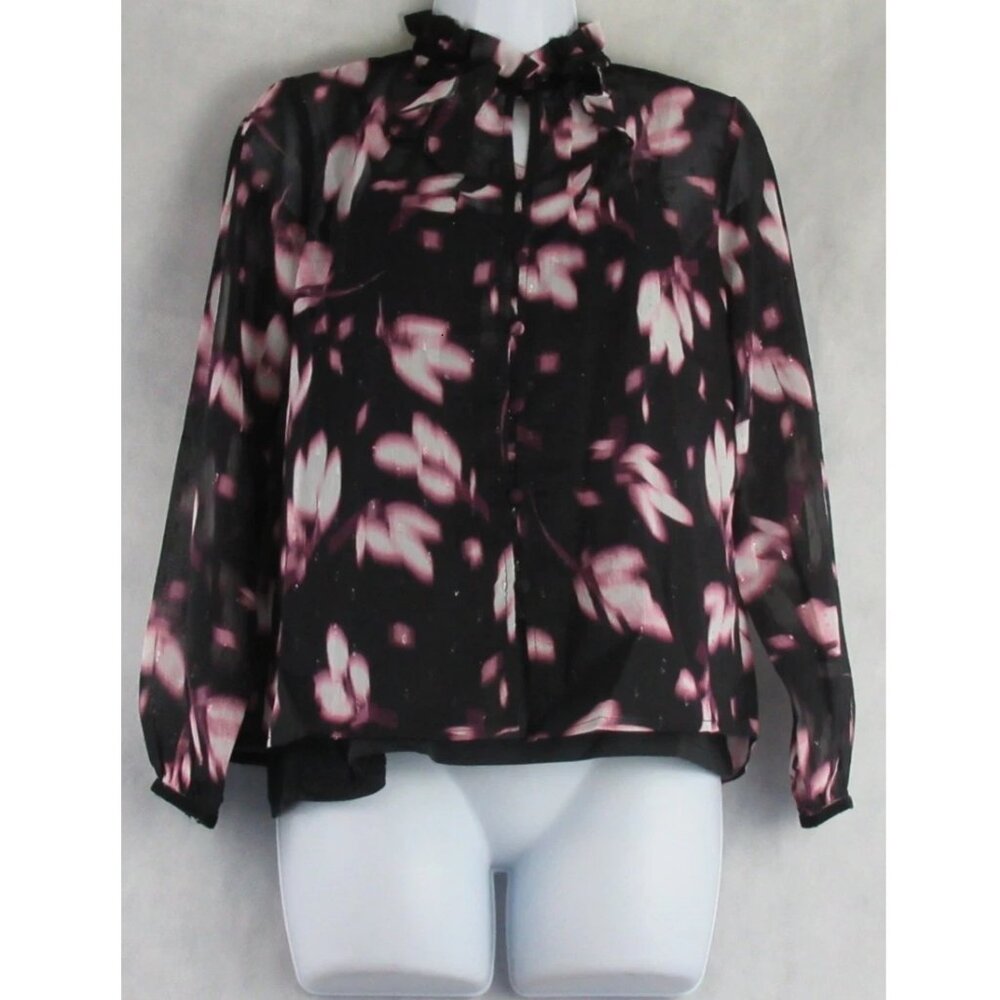 Anne Klein Women's Petite Floral Clip-Dot Ruffle-Neck Blouse, Black Pink, PXS